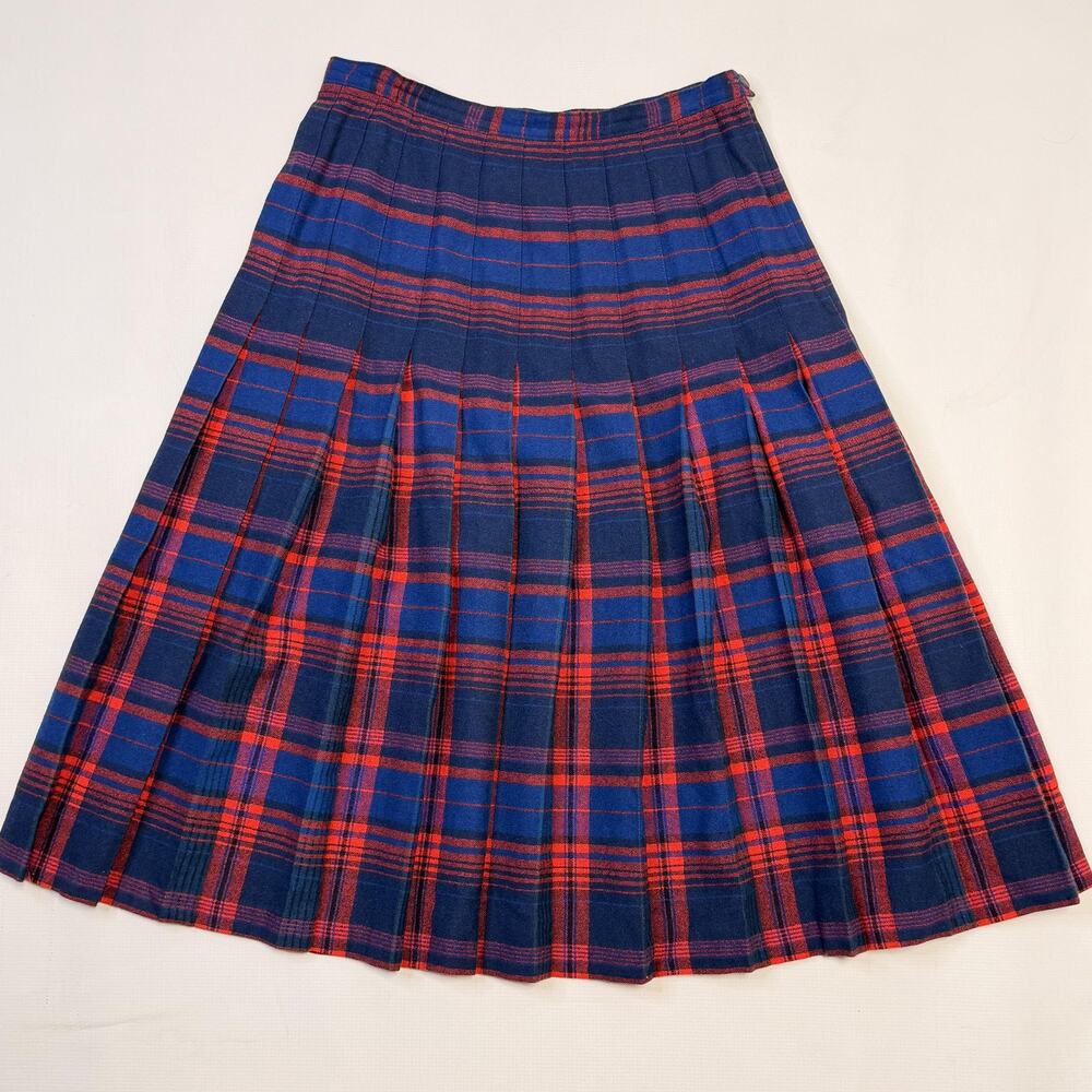 Vintage Pendleton Skirt Womens 10 Blue Red Plaid Wool Pleated Tartan Midi USA
